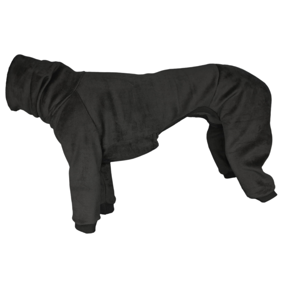 Close-up detail of fabric and stitching on black dog jumpsuit